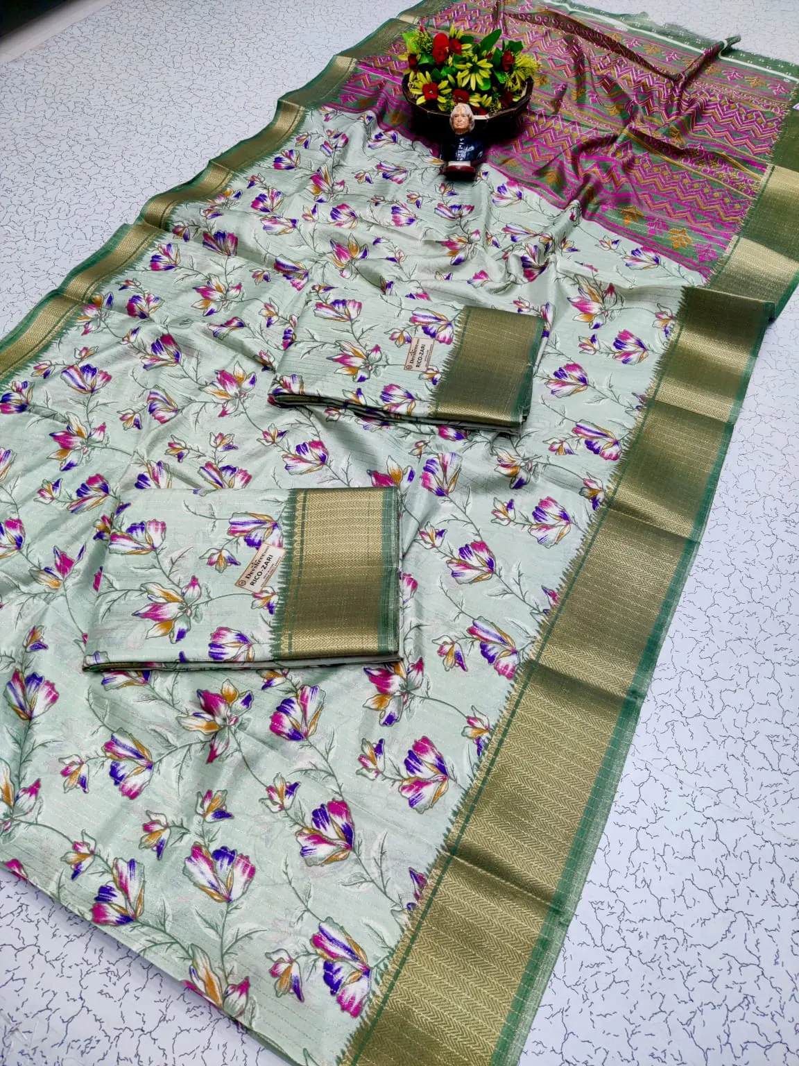 Tulip Floral Creeper Print Zari Semi Silk Saree
